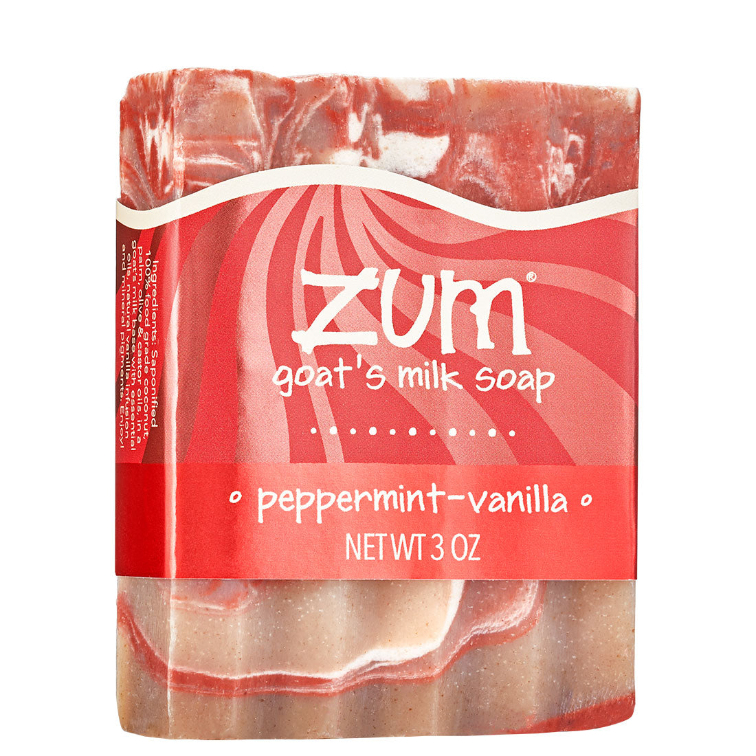 Red and white swirled Zum Bar with red peppermint-vanilla label wrapped around.