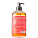 The back side of Peppermint-Vanilla Hand Soap in a clear bottle with red label wrapped around. 
