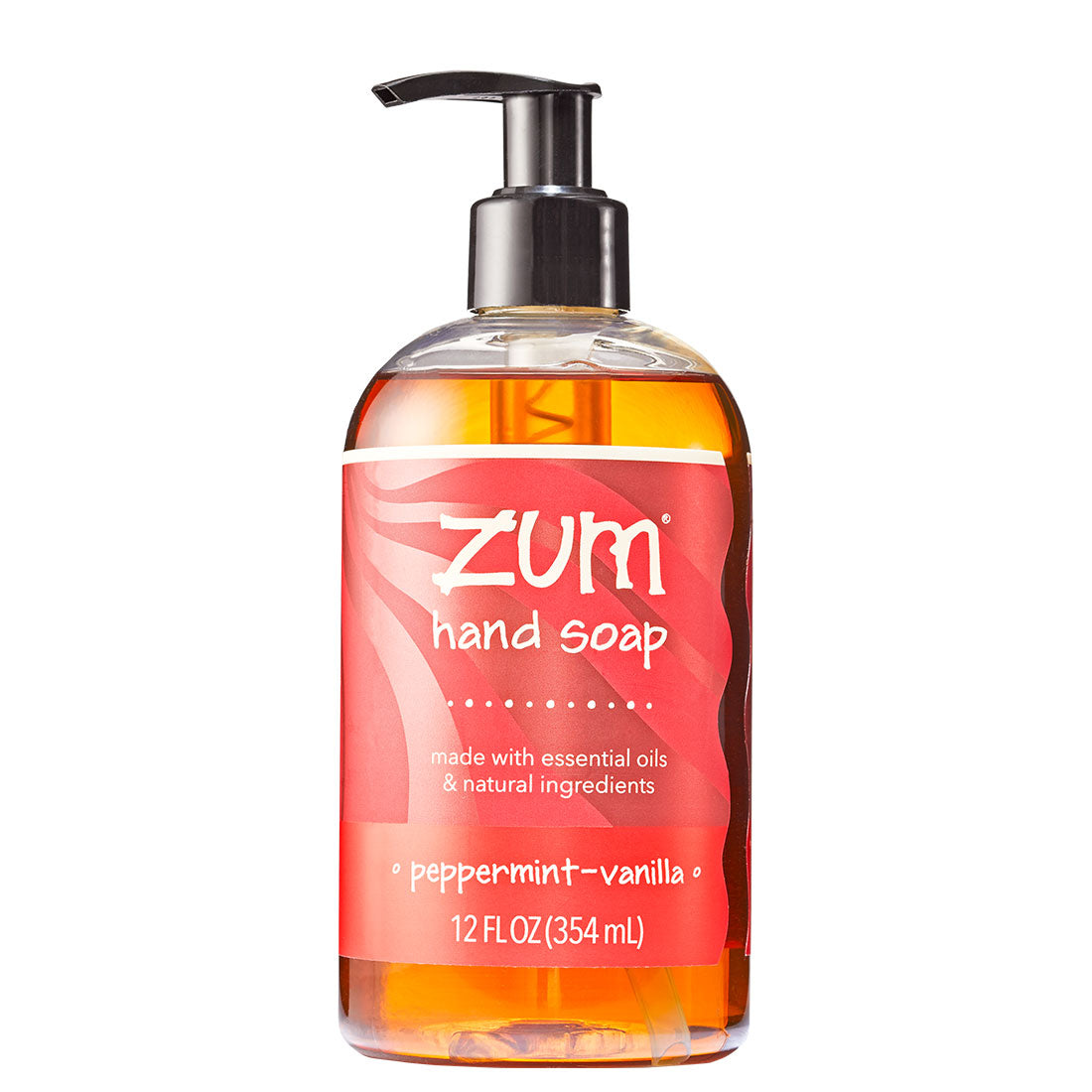 Peppermint-Vanilla Hand Soap in a clear bottle with red label wrapped around. 