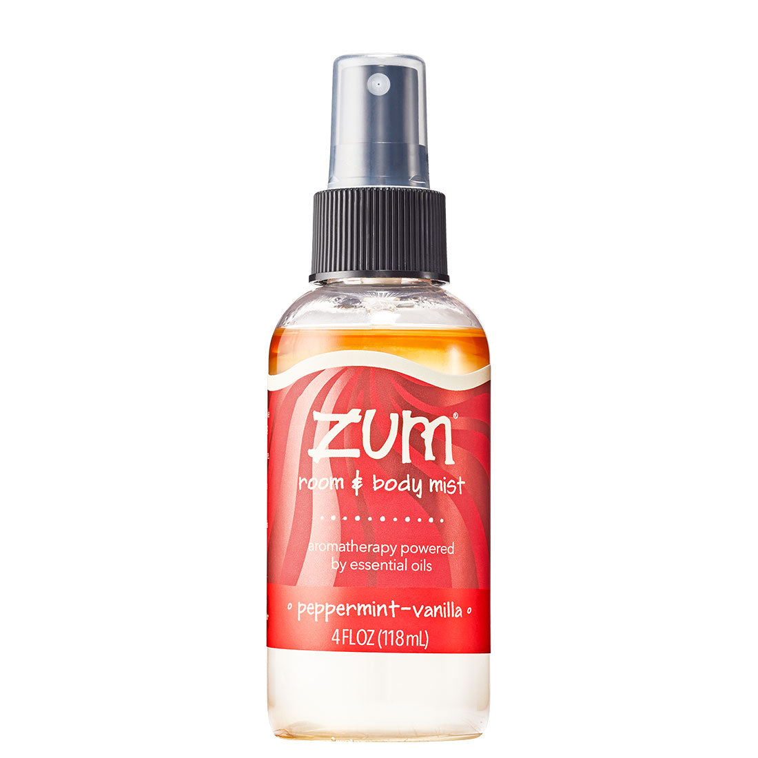 Front of clear mist bottle with liquid inside and red label wrapped around. 