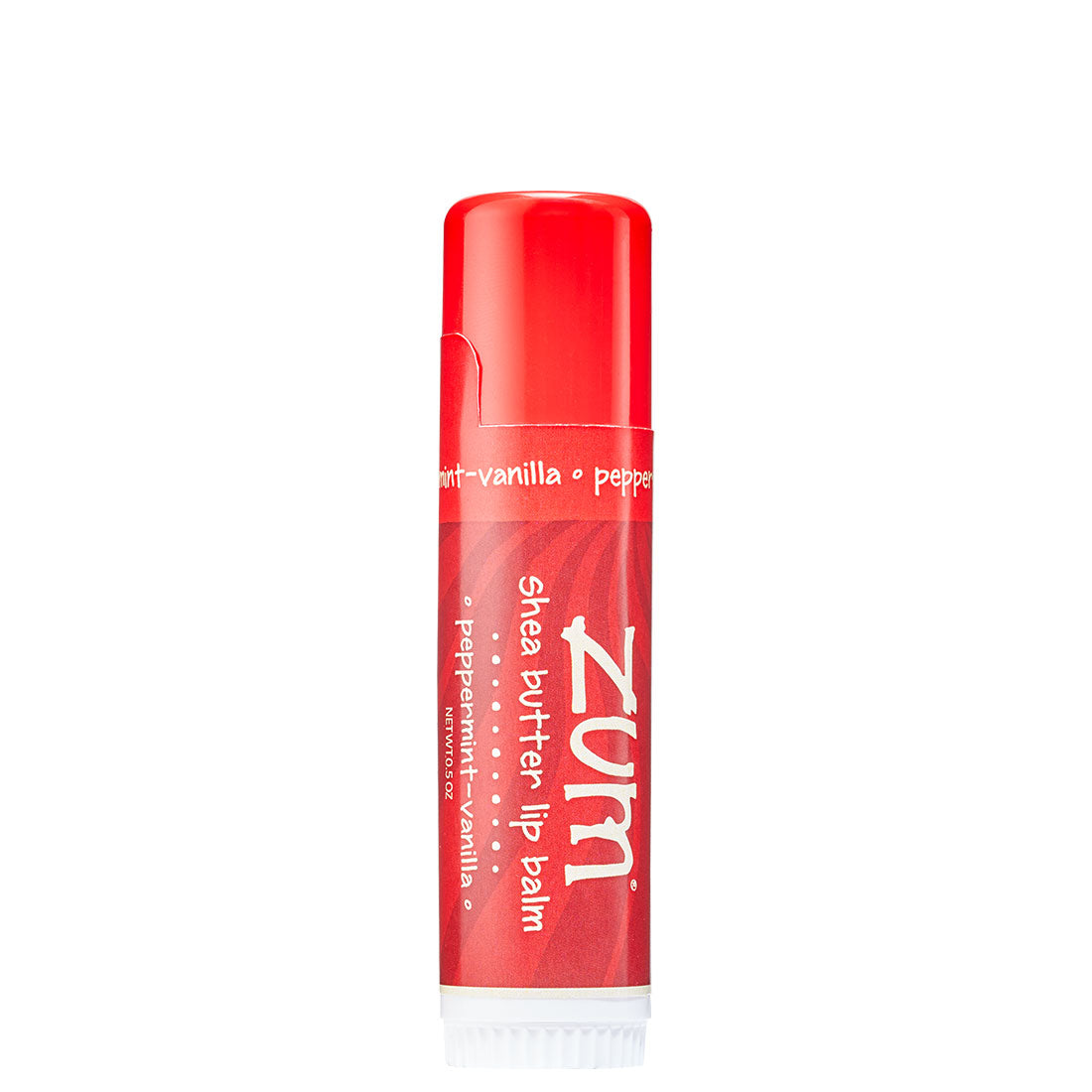 Red Chapstick Tube standing on it's side with label wrapped around.