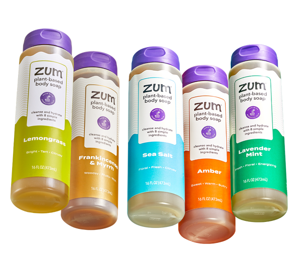 Hero shot of Lemongrass, Frankincense & Myrrh, Sea Salt, Amber, and Lavender Mint plant-based body soap bottles.