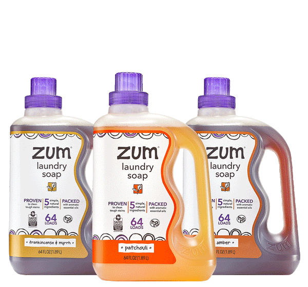 Rotation of three different Zum bundles. 1: Three laundry soaps in the scents Patchouli, Frankincense & Myrrh, and Amber. 2: A 16 fl oz Sea Salt All-Purpose cleaner bottle with two 2 fl oz refills. 3: A Lavender Wool Ball Kit box and two 64 fl oz Laundry Soap bottles.