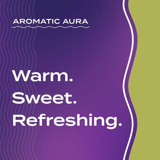 Text graphic depicting the aromatic aroma of Amber-Lime: Warm, Sweet, Refreshing.