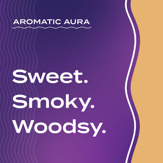 Text graphic depicting the aromatic aroma of Cedar-Vanilla: Sweet, Smoky, Woodsy.