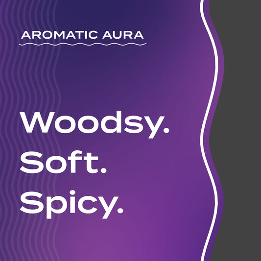 Text graphic depicting the aromatic aroma of Charcoal: Woodsy, Soft, Spicy.