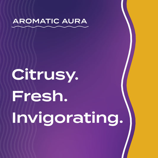 Text graphic depicting the aromatic aroma of Citrus-Mint: Citrusy, Fresh, Invigorating.