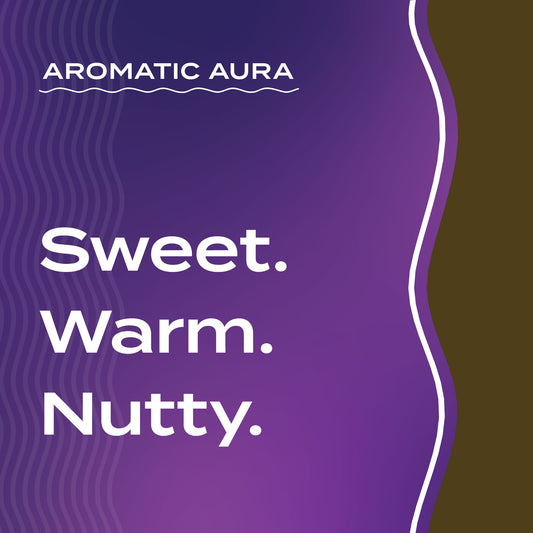 Text graphic depicting the aromatic aroma of Coffee-Almond: Sweet,  Warm, Nutty.