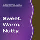 Text graphic depicting the aromatic aroma of Coffee-Almond: Sweet,  Warm, Nutty.