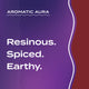 Text graphic depicting the aromatic aroma of Dragon's Blood: Resinous, Spiced, Earthy.