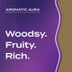 Text graphic depicting the aromatic aroma of Frankincense & Myrrh: woodsy, fruity, and rich.