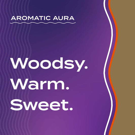 Text graphic depicting the aromatic aroma of Frankincense-Patchouli: woodsy, warm, and sweet.