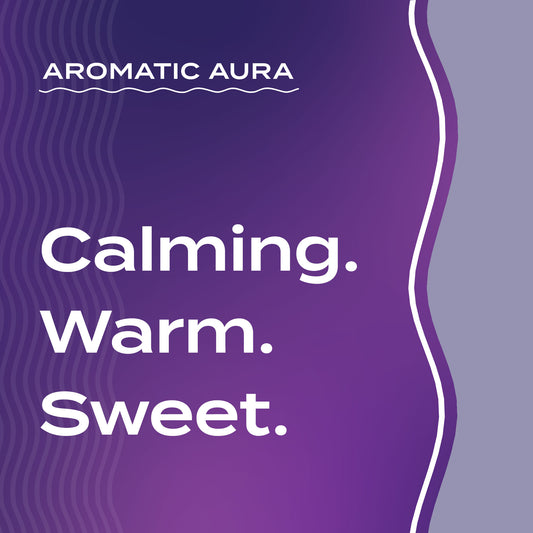 Text graphic depicting the aromatic aroma of Frankincense-Lavender: Calming, Warm, Sweet.