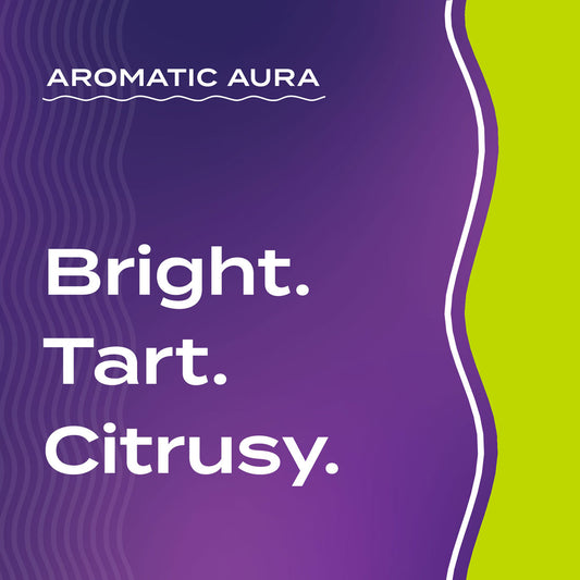 Text graphic depicting the aromatic aroma of Lemongrass: bright, tart, and citrusy.