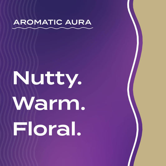 Text graphic depicting the aromatic aroma of Oatmeal-Lavender: Nutty, Warm, Floral.