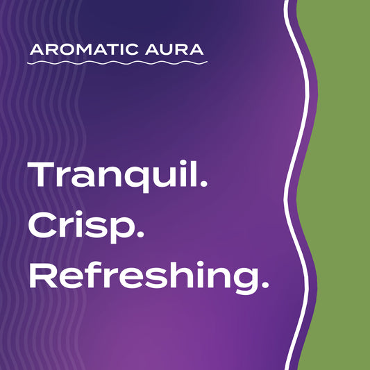 Text graphic depicting the aromatic aroma of Patchouli-Mint: Tranquil, Crisp, Refreshing.