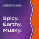 Text graphic depicting the aromatic aroma of Patchouli: spicy, earthy, musky.