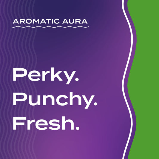 Text graphic depicting the aromatic aroma of Rosemary-Mint: Perky, Punchy, Fresh.