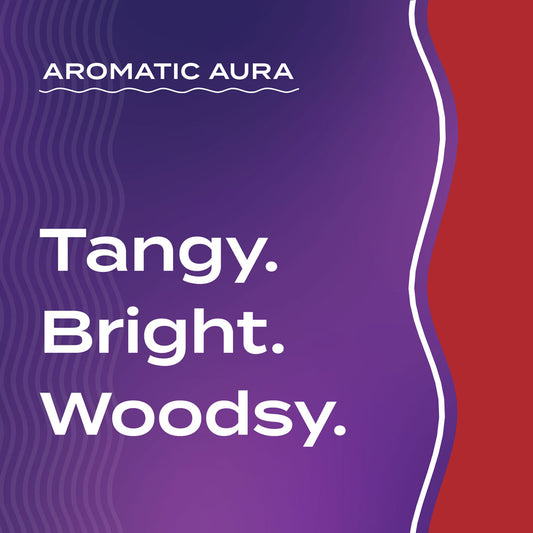 Text graphic depicting the aromatic aroma of Sandalwood-Citrus: tangy, bright, woodsy.