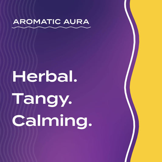 Text graphic depicting the aromatic aroma of Tea Tree-Citrus: Herbal, Tangy, Calming.