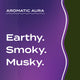 Text graphic depicting the aromatic aroma of Vetiver: Earthy, Smoky, Musky.