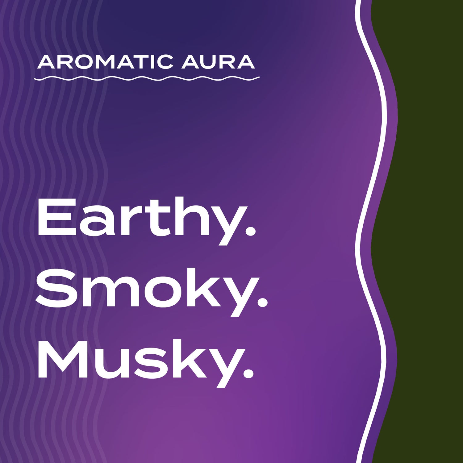 Text graphic depicting the aromatic aroma of Vetiver: Earthy, Smoky, Musky.