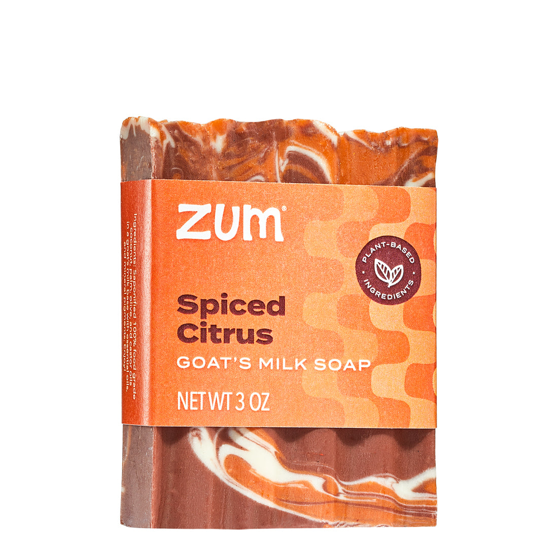 Red, orange, and white swirled Bar Soap With orange label wrapped around the middle.
