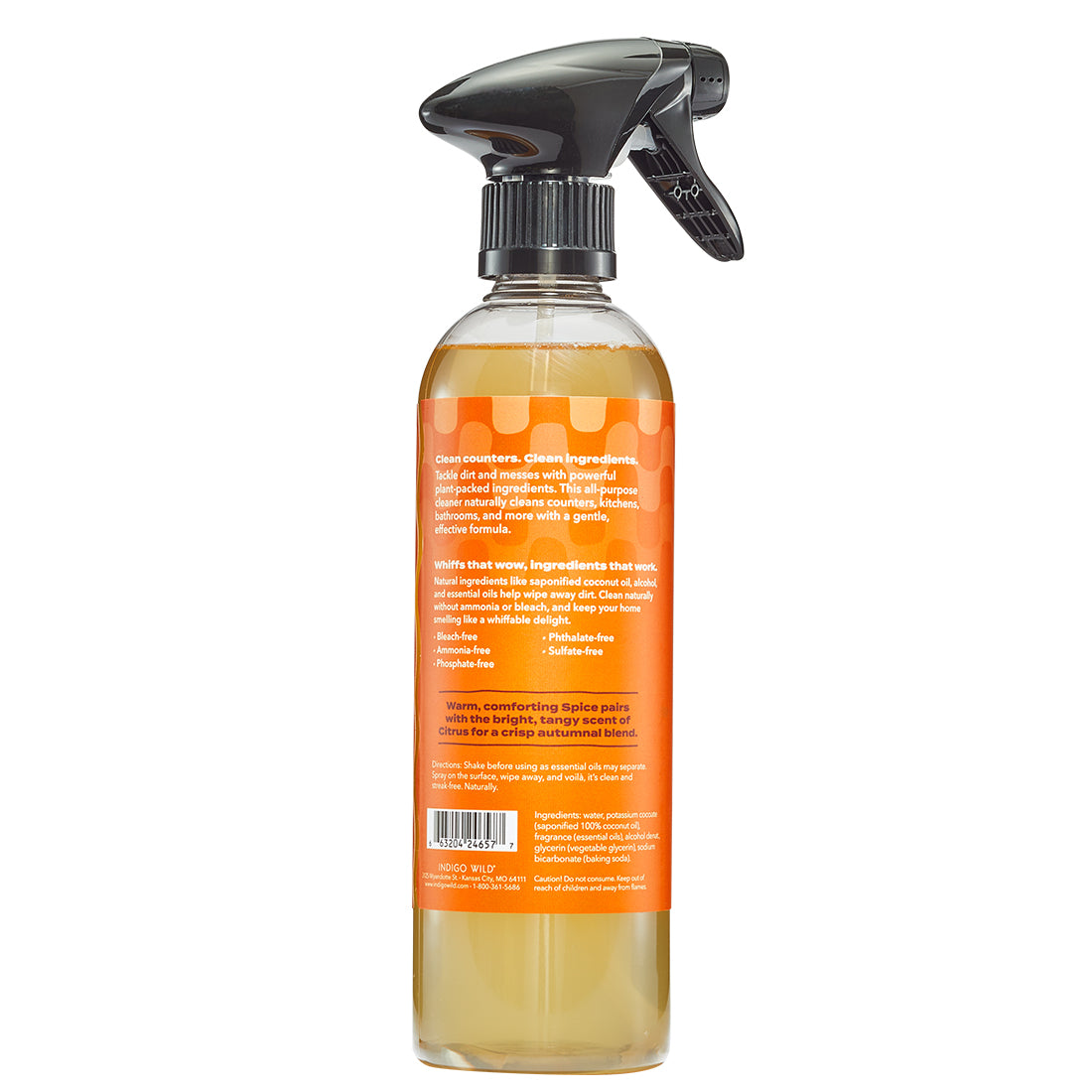 Back of the Spiced Citrus All-Purpose Cleaner in a clear spray bottle with black spray nozzle.