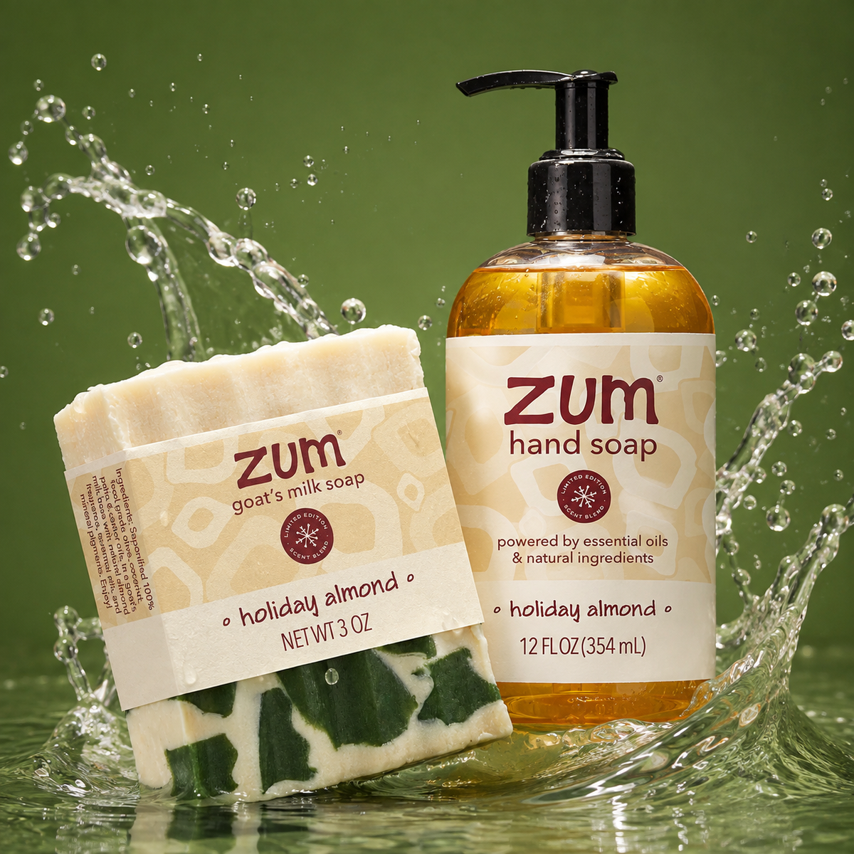 A bar of goat's milk soap and a pump bottle of Zum Hand Soap in the 'holiday almond' scent, displayed together with a water splash effect against a green background.
