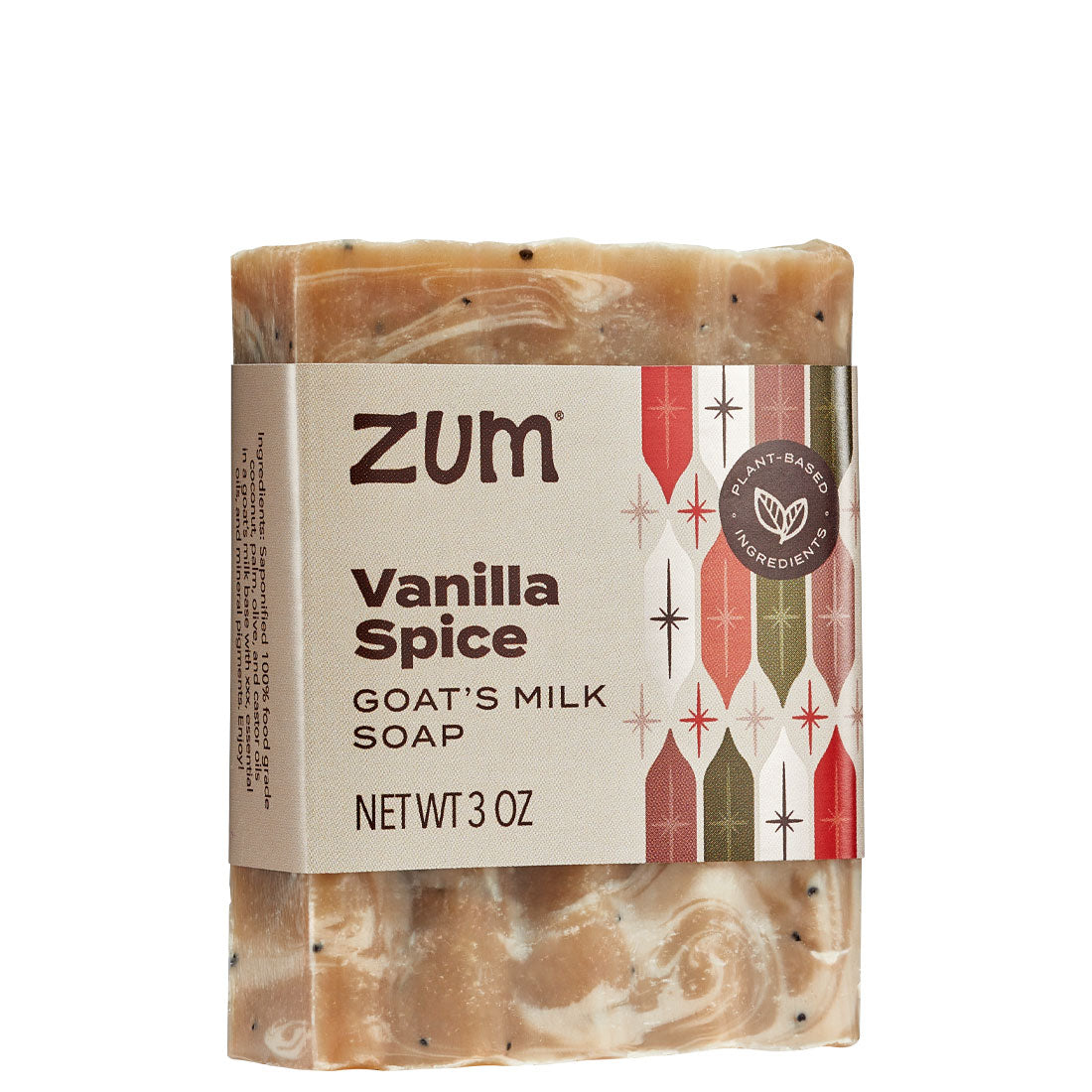 Zum Vanilla Spice goat's milk soap bar with packaging on a white background
