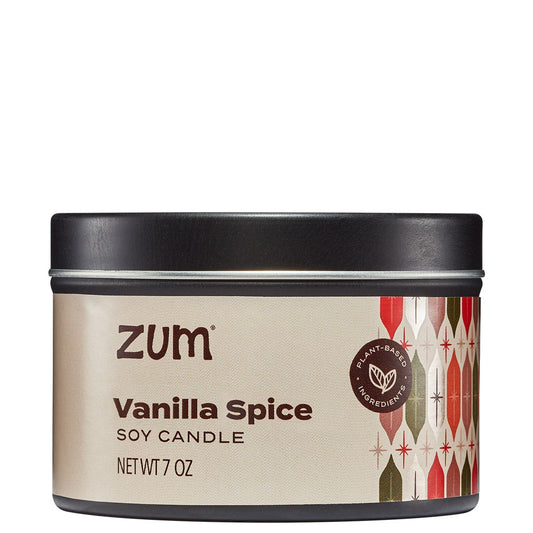 Zum Vanilla Spice soy candle in a black container on a white background