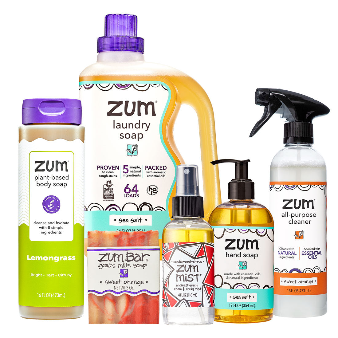 Collection of Zum cleaning products including laundry soap, body soap, hand soap, and cleaner on a white background.