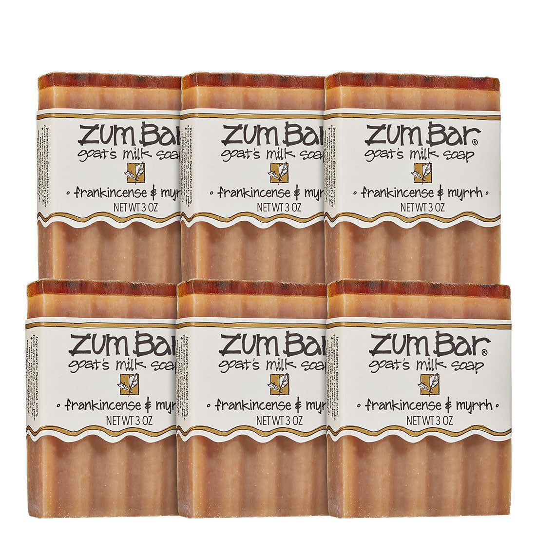 6 Frankincense & Myrrh Zum Bar Soaps stacked up on a white background