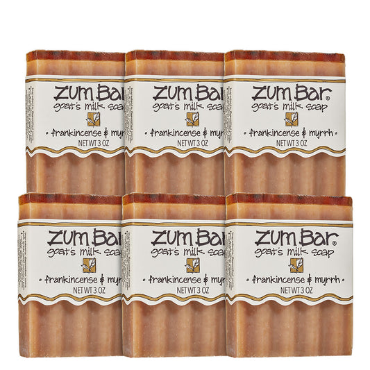 6 Frankincense & Myrrh Zum Bar Soaps stacked up on a white background