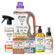 Sweet Orange All-Purpose Cleaner, Frankincense & Myrrh 64 oz Laundry Soap and Zum Bar, Lavender-Mint Zum Bar, Sea Salt Hand Soap, and Amber Mist on a white background