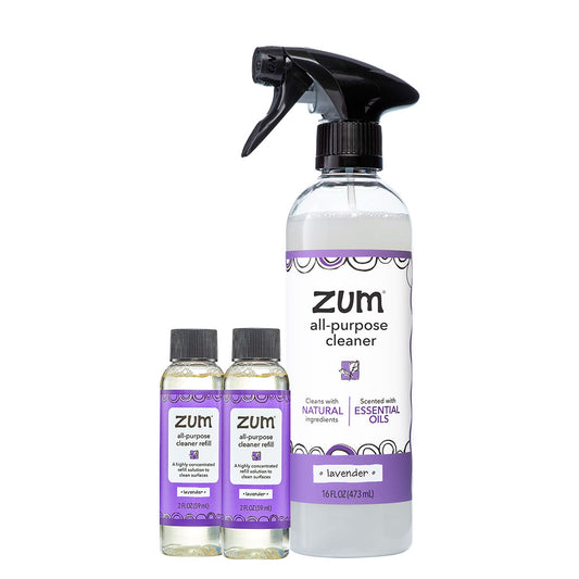 Zum Lavender all-purpose cleaner bottle + refill bottles on a white background