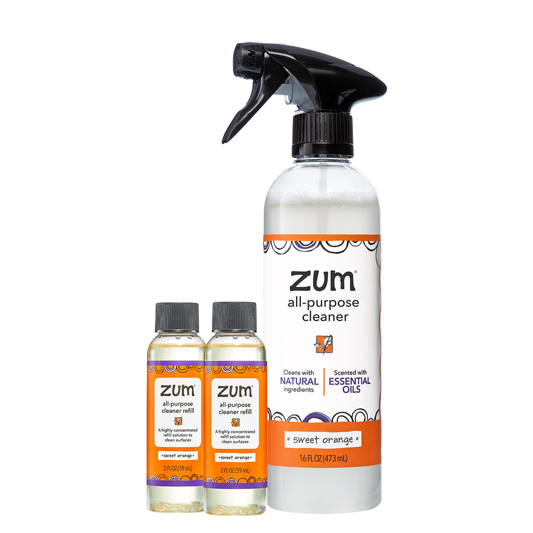 Sweet Orange Zum all-purpose cleaner set with a spray bottle and two smaller bottles on a white background