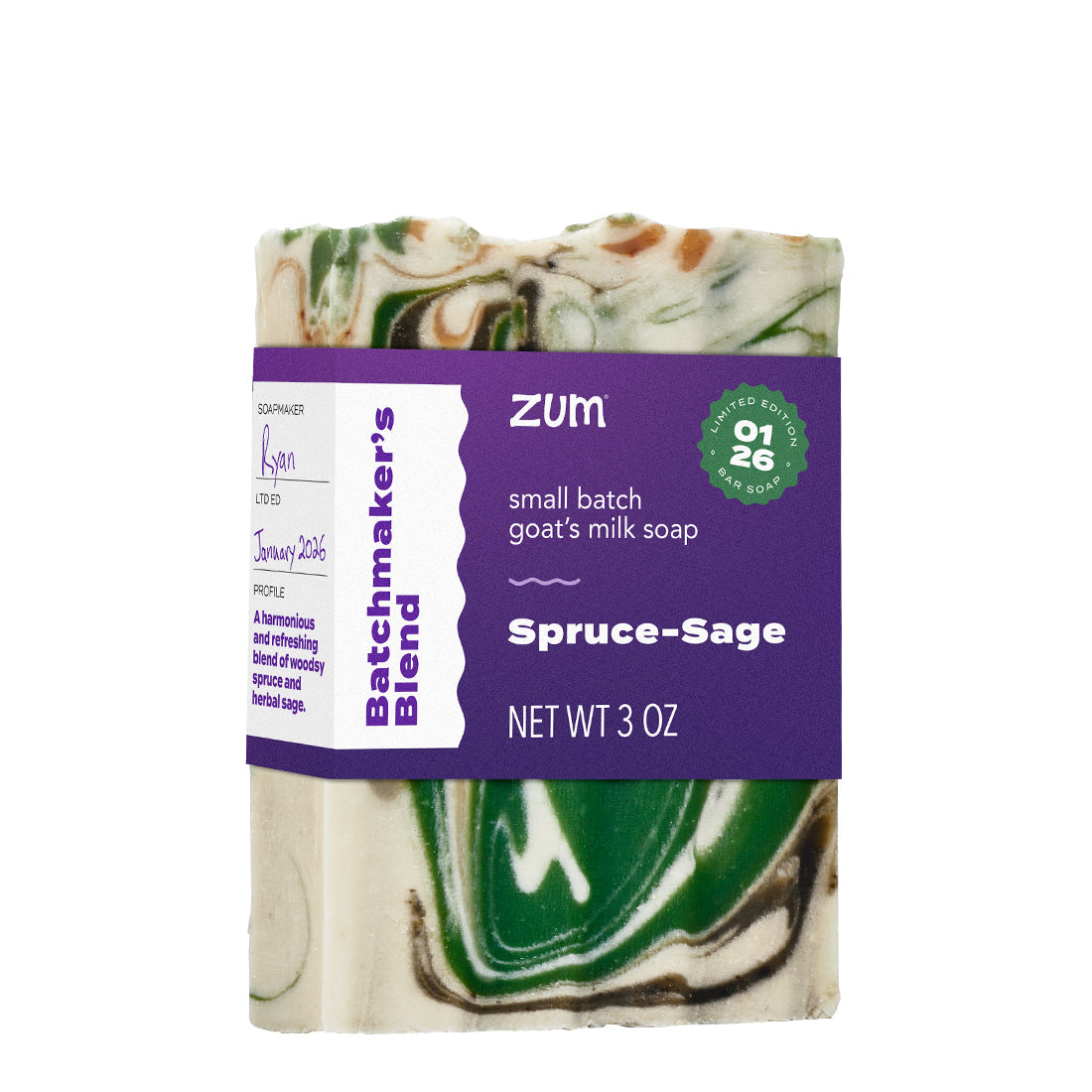 Goat's milk soap bar with a purple label on a white background