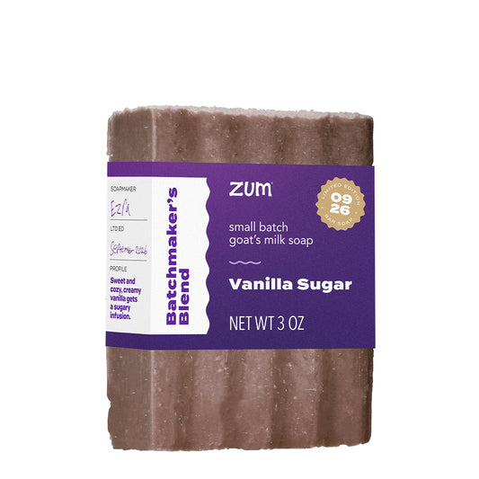 dark brown colored Vanilla Sugar Zum Bar with a purple label on white background