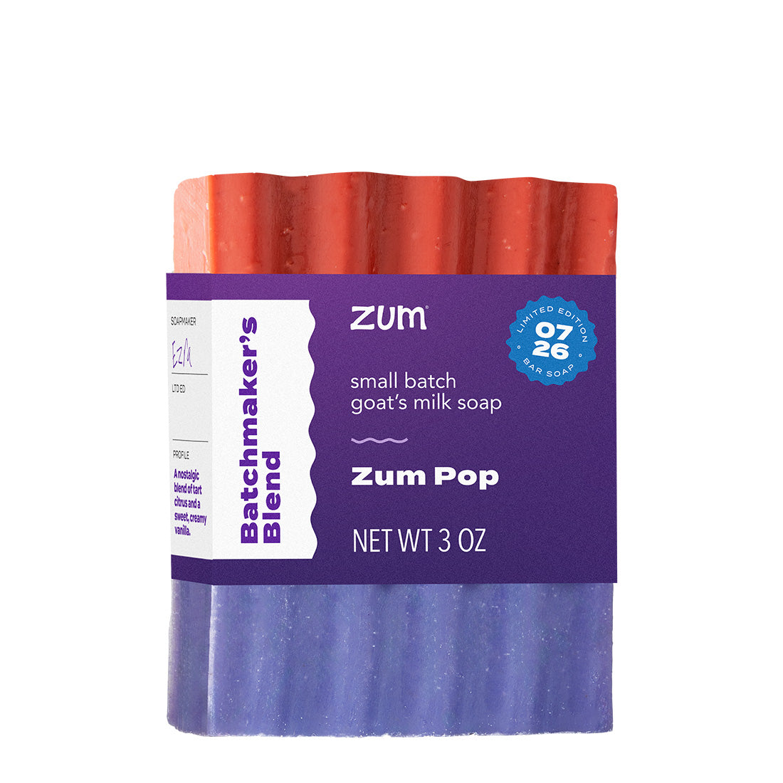 Red, white, and blue Zum Bar Soap with purple label across the middle