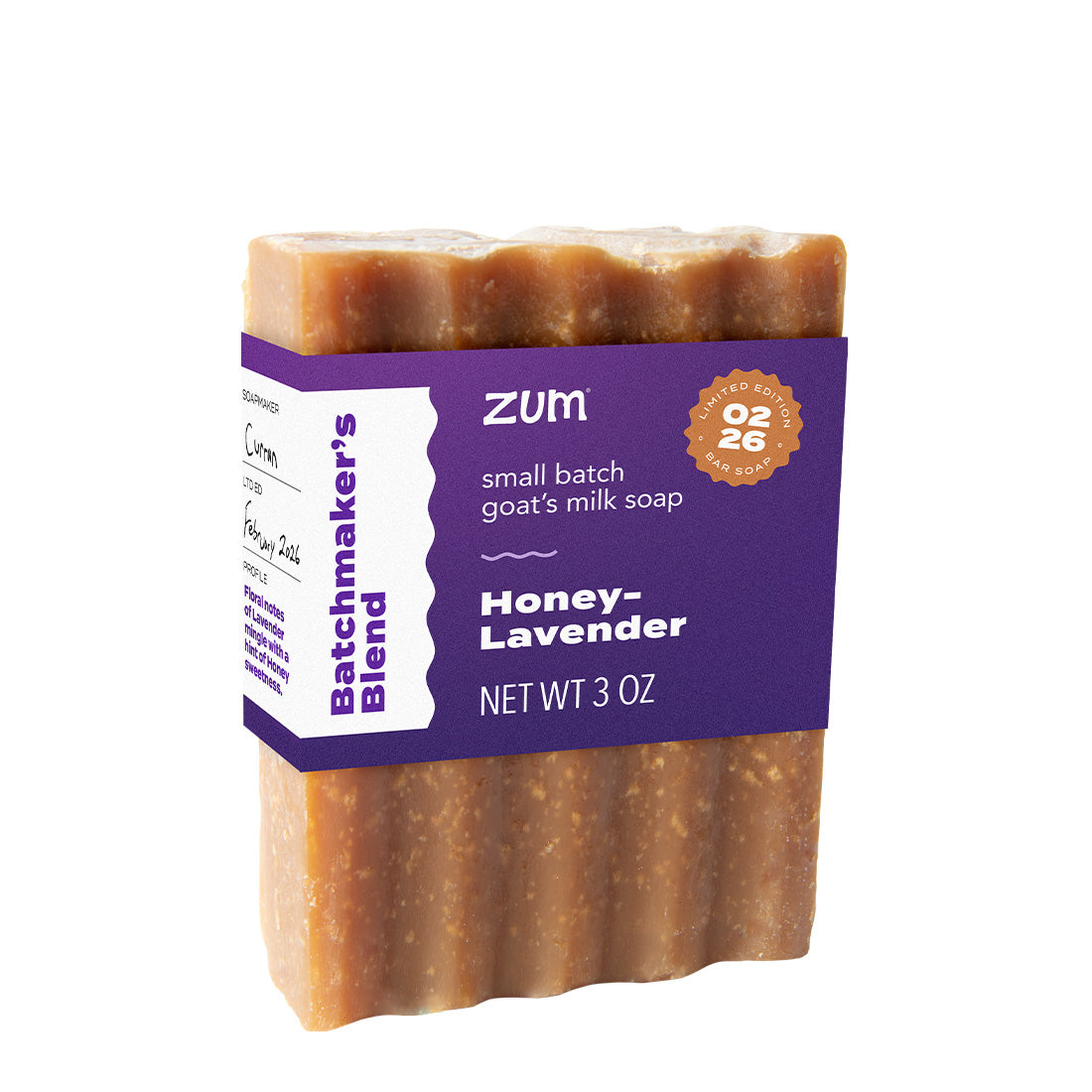 Zum honey-lavender soap bar with purple packaging on a white background