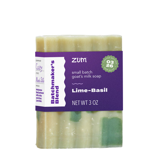 Bar of soap with a purple label on a white background