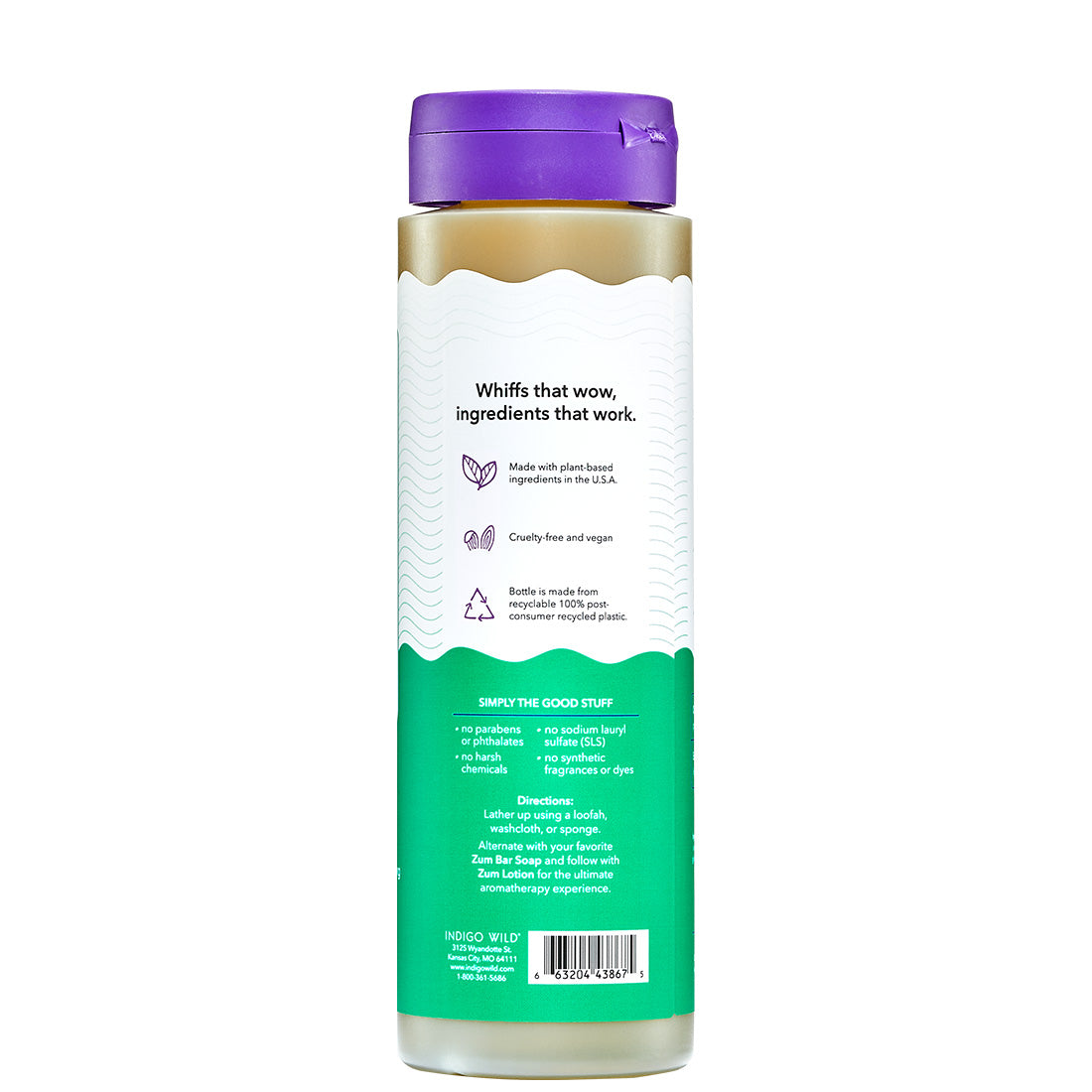 The back of a Lavender Mint Body Soap bottle with label and purple cap.
