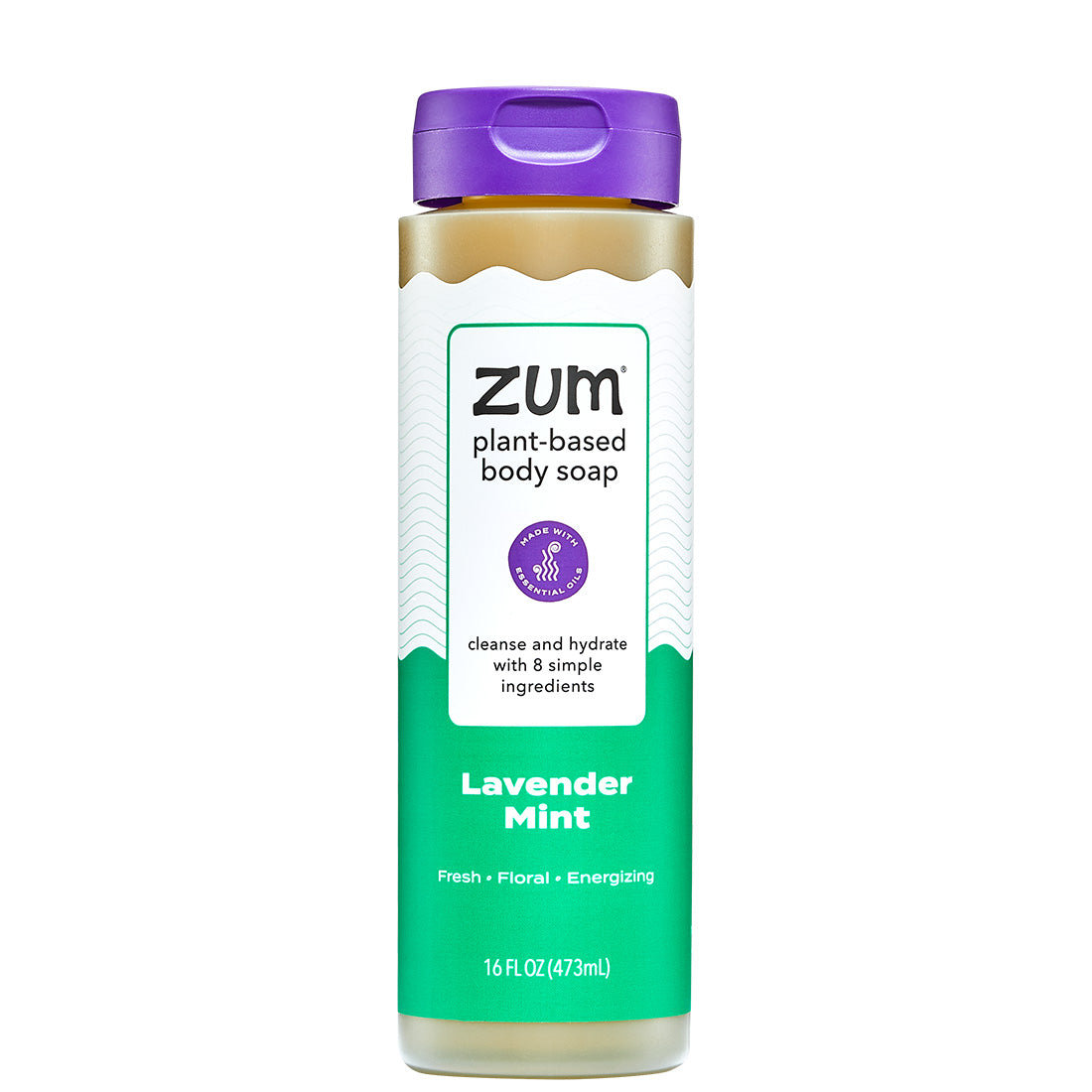 The front of a Lavender Mint Body Soap bottle with label and purple cap.