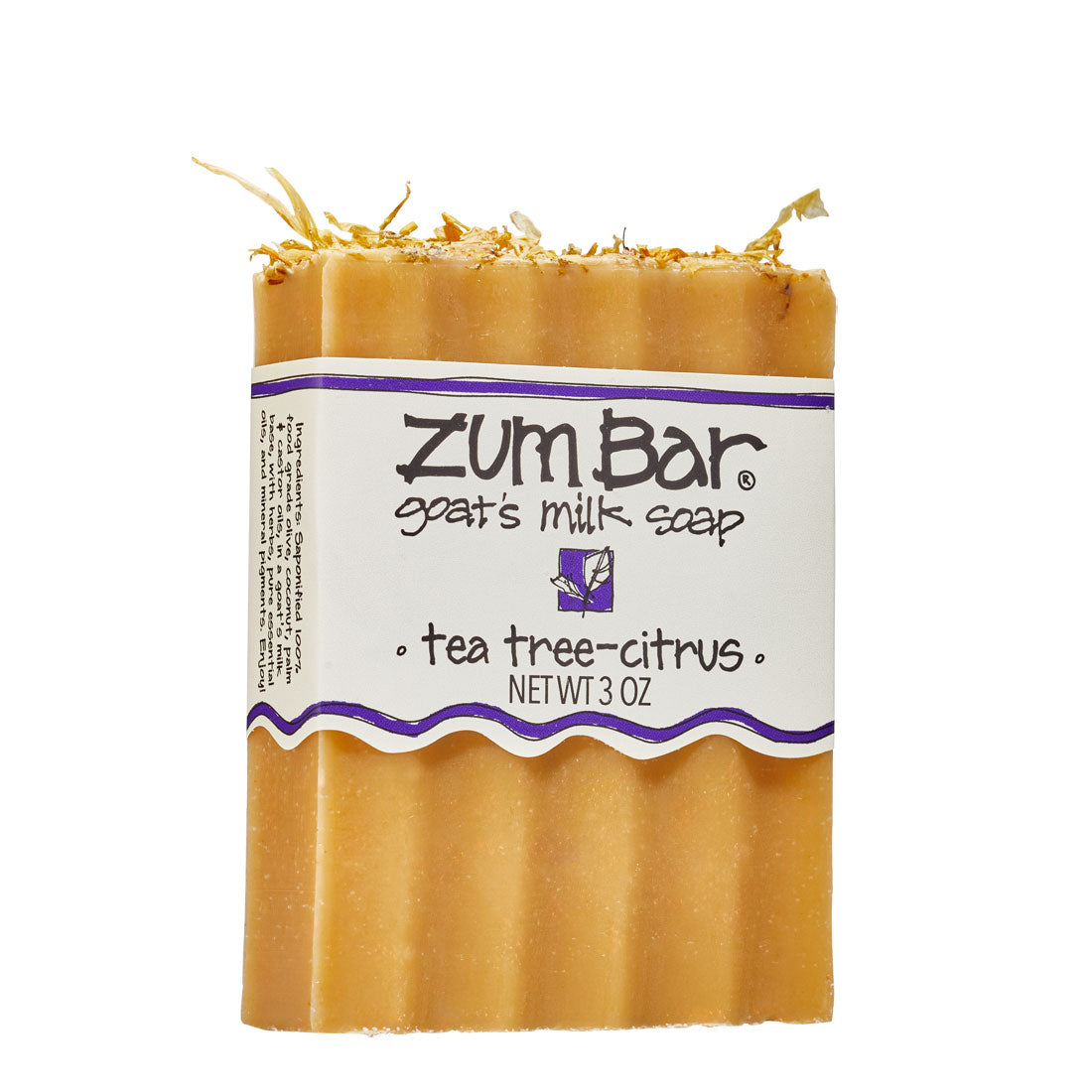 Labeled tea tree-citrus scented Zum Bar Soap with yellow coloring