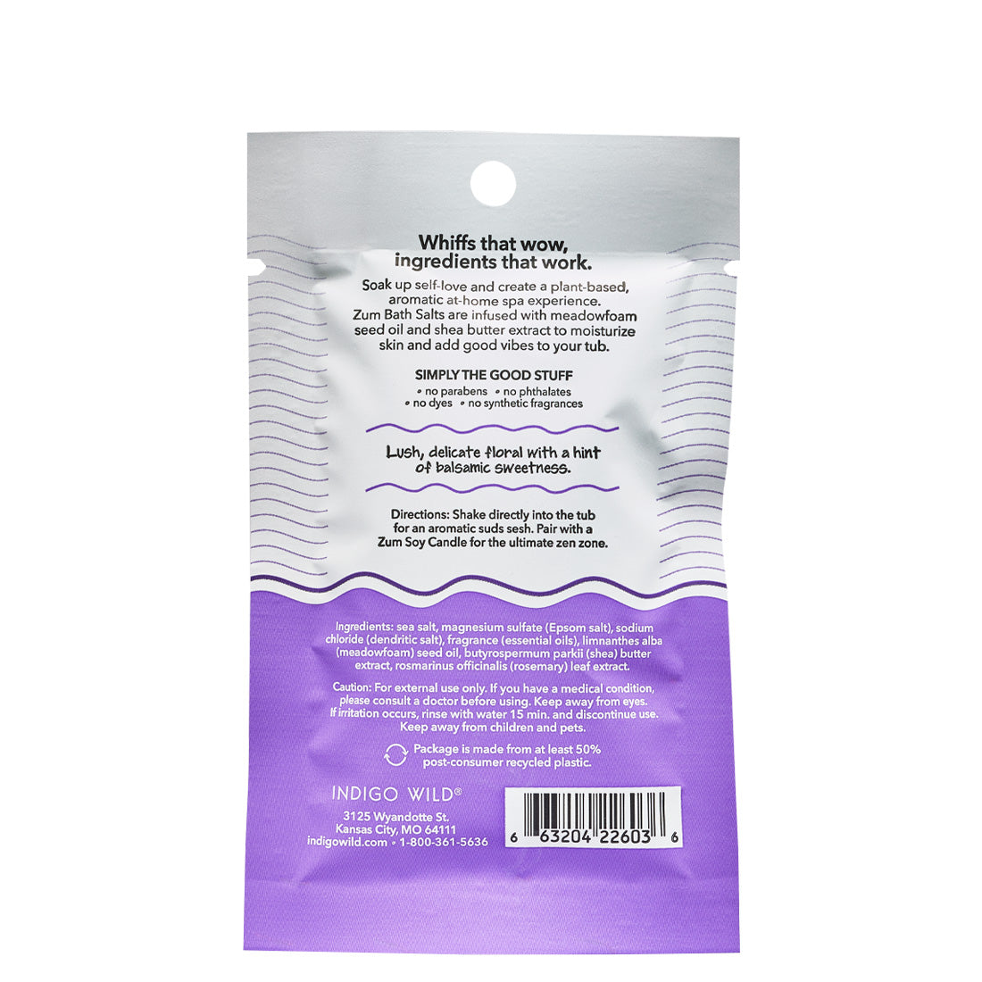 Back of tearable packet with light purple, black, and purple design containing Lavender scented bath salts.