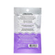 Back of tearable packet with light purple, black, and purple design containing Lavender scented bath salts.