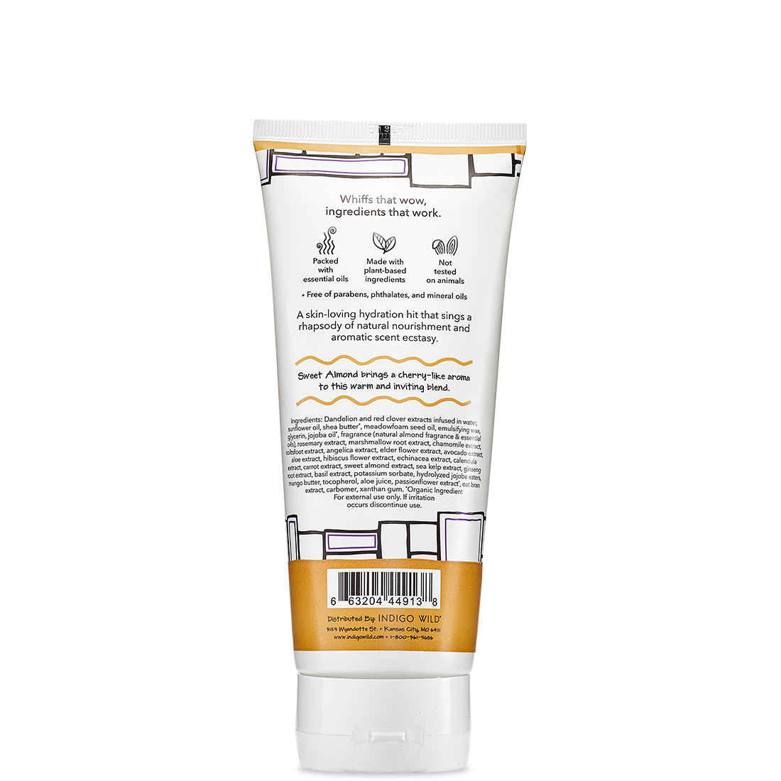 Back view of white tube with black and light brown design containing Almond scented body lotion.