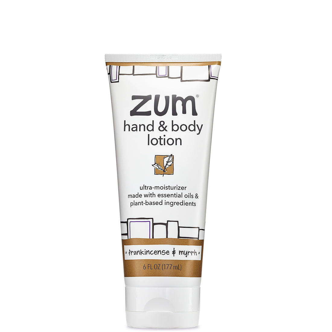 Front view of tube filled with frankincense & myrrh scented hand and body lotion.