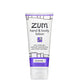White squeeze tube with purple design containing lavender scented Zum hand and body lotion.